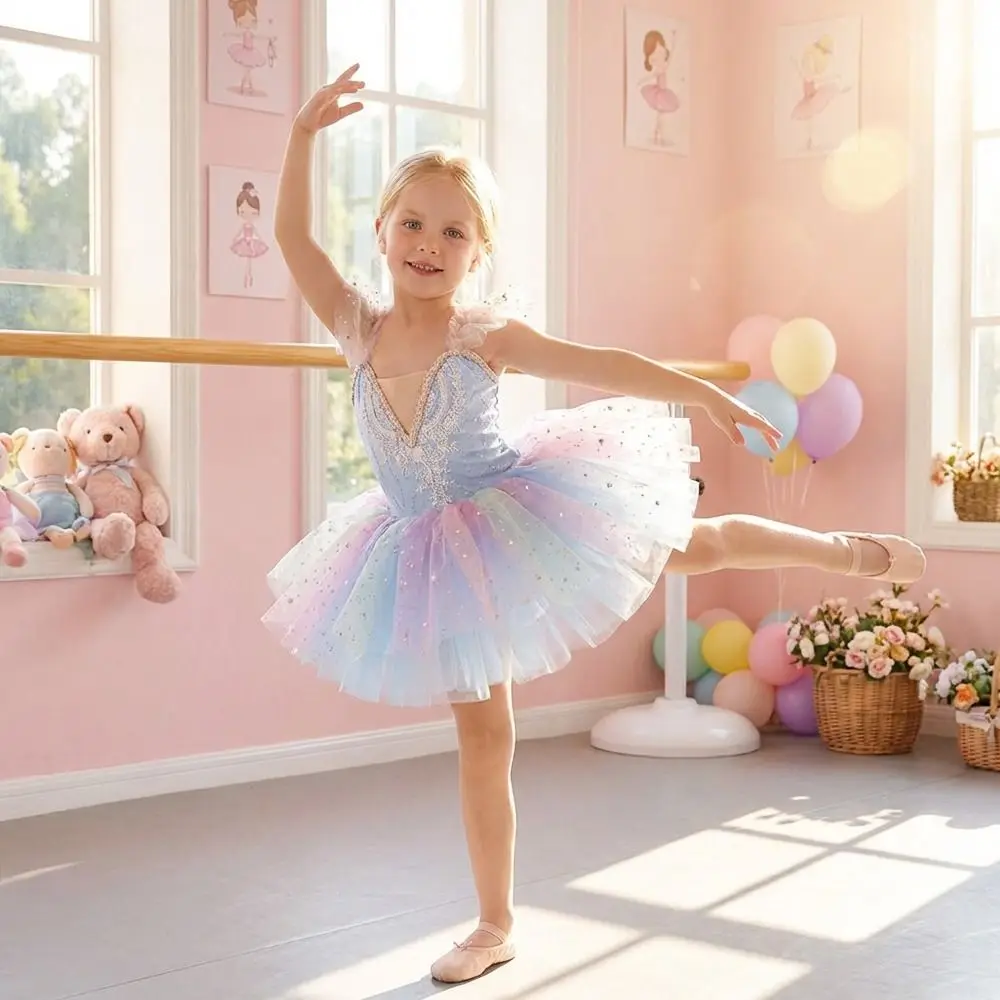 패션 스팽글 키즈 발레 드레스 진주 모던 발레 튜튜 파티 드레스 퍼피 공연 의상 댄스