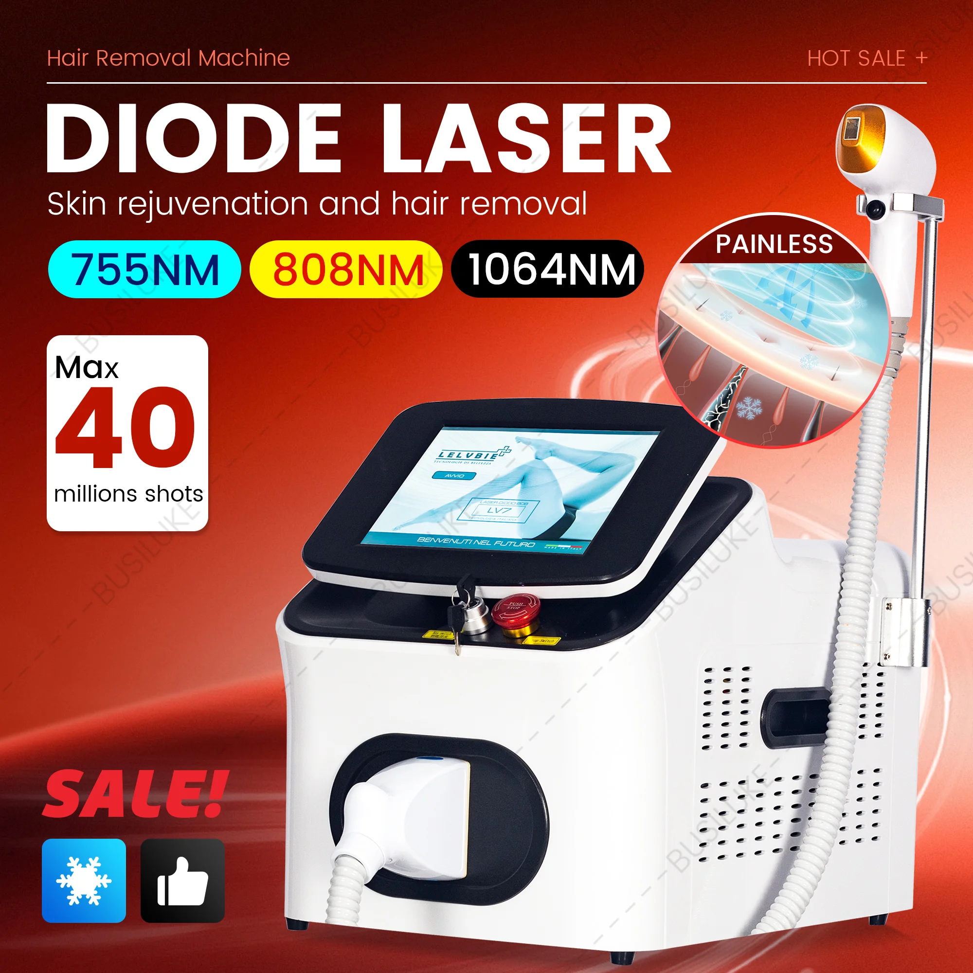 

4000W PRO 808NM Diode Laser Depilation Instrument 10 BAR Alexandrite Ice Body Underarm Cooling Head Permanent Painless Epilator