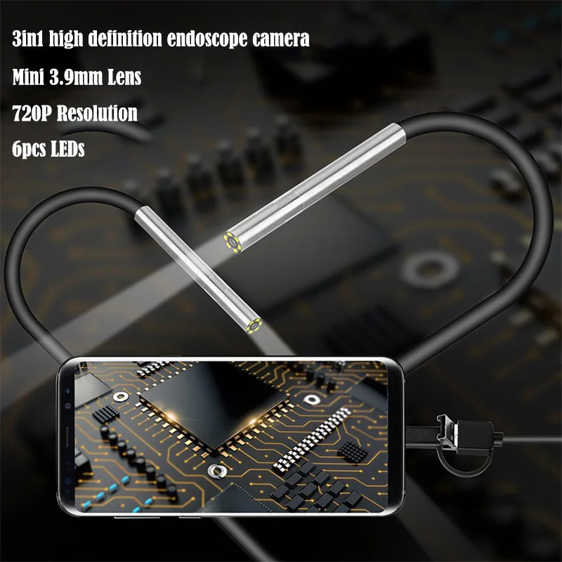 Mini caméra endoscopique 3 en 1, Android, USB type-c, objectif 3.9mm, câble rigide souple, étanche