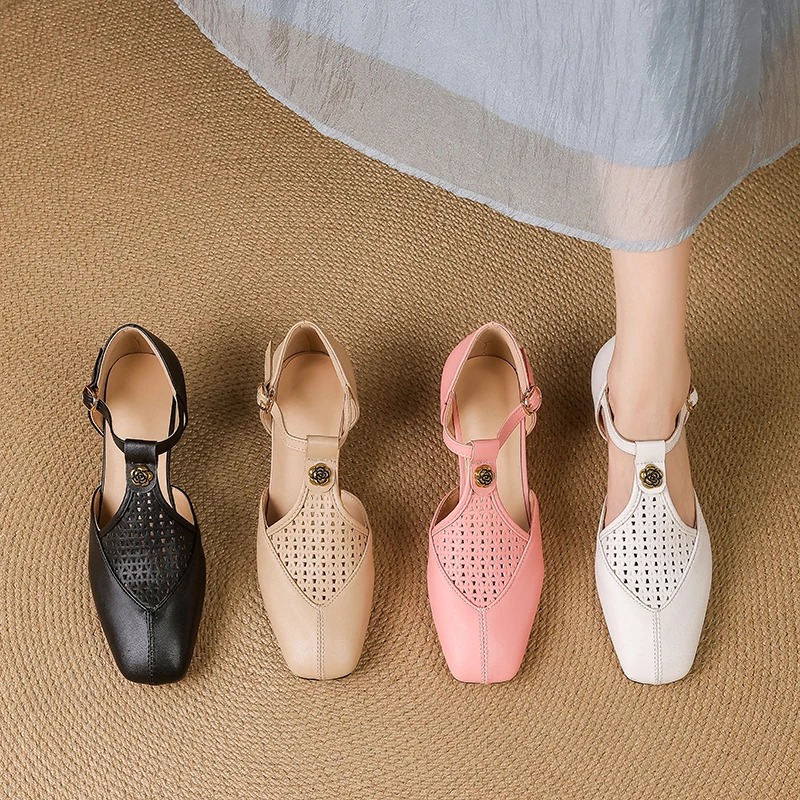 

25 Great Good Wear Baotu Sandals Female Hollow Breathable Square Head with 5CM Leather High Heel Pink Word Buckle Beige