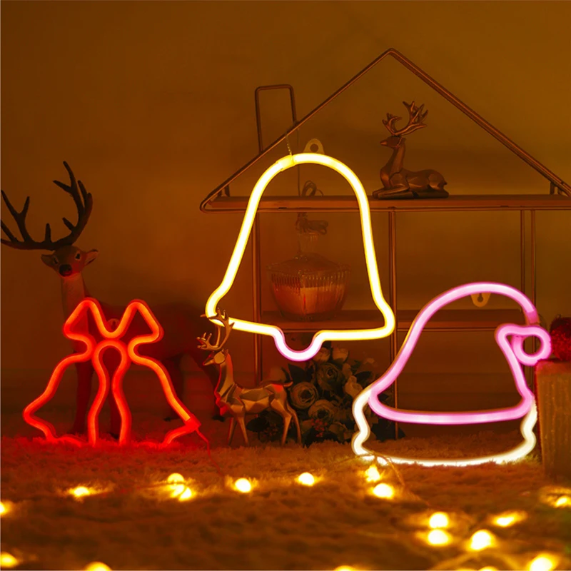 USB LED Neon Night Light Bell/Snow DC5V Christmas Creative Sign Wall Hanging Art Bedroom Decor for Holiday Room Home Party Gift