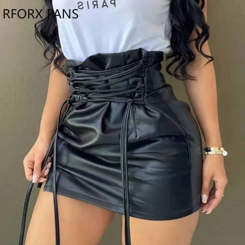 Women Soild Elegants Lace Up  Mini Black Pu Leather Culottes Skirt