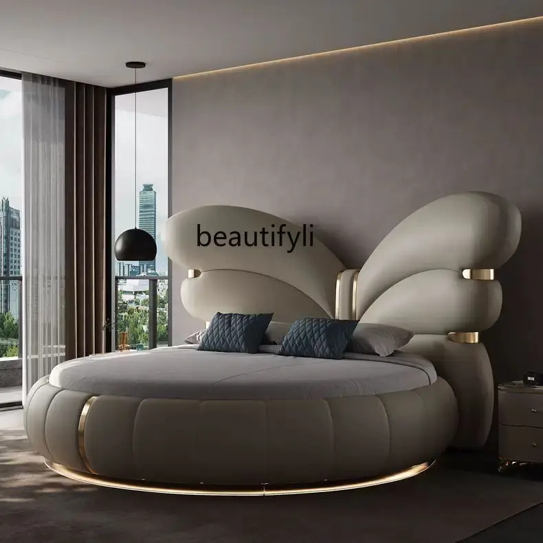 

Modern light luxury leather bed, luxury master bedroom big bed, new, big round, double bed