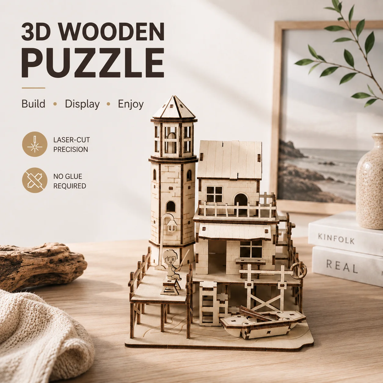 3D Stereo Puzzle DIY Wooden Puzzle Fisherman's Hut Desktop Decoration Suitable for Holiday and Birthday Gifts