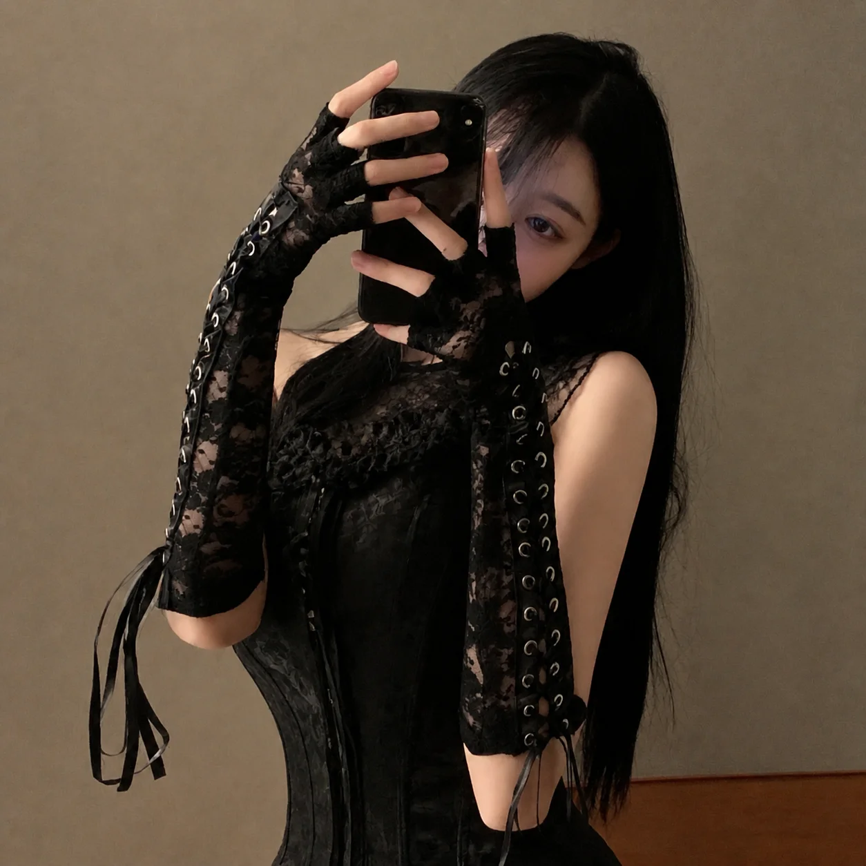 Lace Fingerless Gloves Long Arm Warmers Lace Up Grommet Floral Mesh Sleeves Women Gothic Y2K Party Costume Accessories