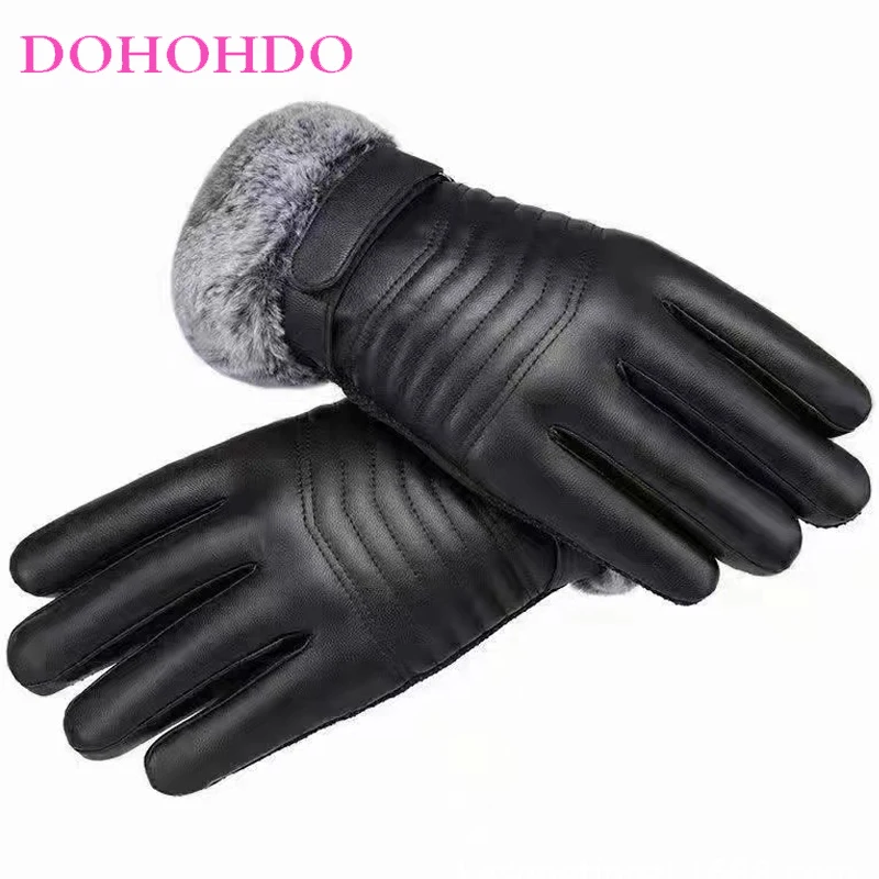 قفازات جلدية تعمل باللمس تصميم قفازات التزلج الشتاء الرجال السود مبطن المخملية قفازات ركوب الخيل للتدفئة يندبروف Guantes موتو #1