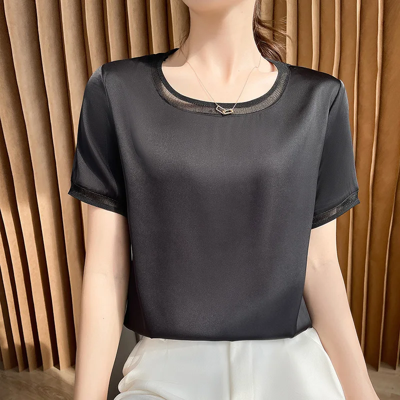 Summer New Satin Silk Women's Short Sleeve T-Shirt V-Neck O-Neck Pullover Fashion Top T-Shirt