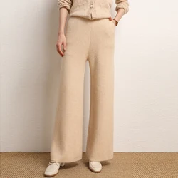 2022 New Autumn Winter Women 100% Cashmere Pants Soft Comfortable High-Waist Knitted Female Cashmere Thicken Wide Leg Pants