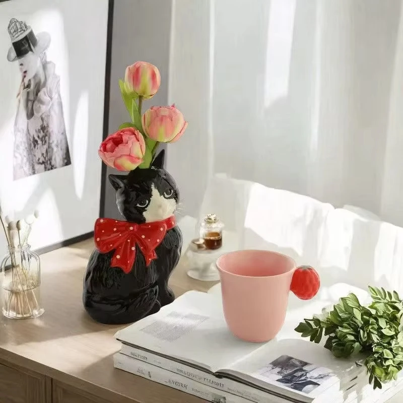 Cute Cat Ceramic Vase Art Flower Detector Creative Ornaments Light Luxury Ceramic Vase Hydroponic Flower Arrangement Accessories