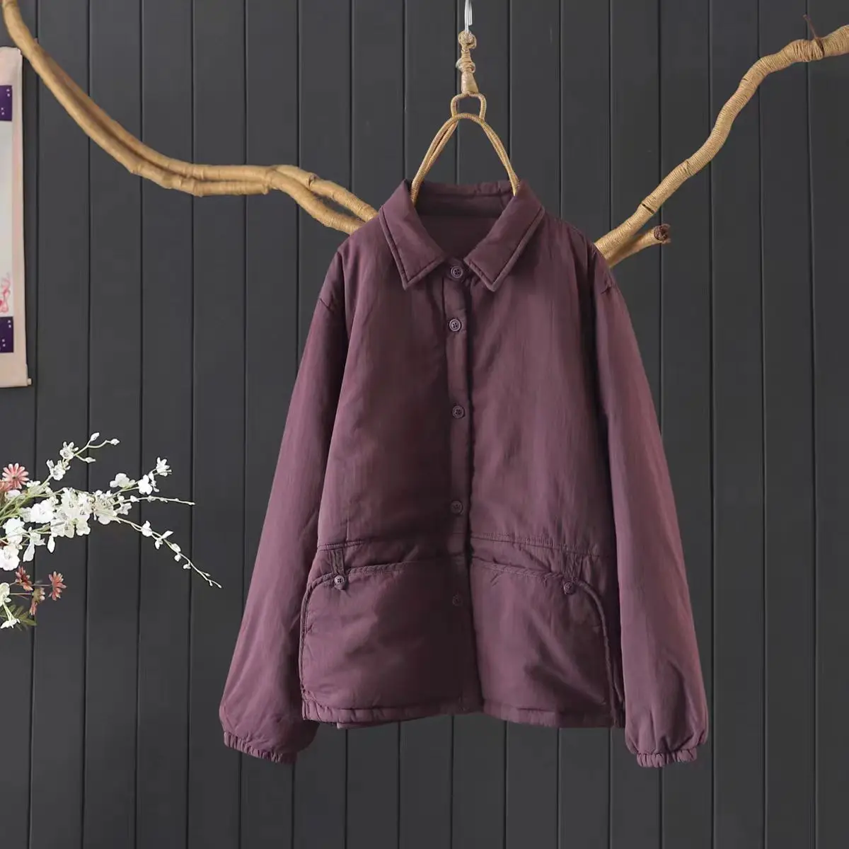 

Thiened Cotton Jaet Pure Color Casual Loose Collar Winter Warm Outerwear for Women Retro Sle Long Sve Single Button