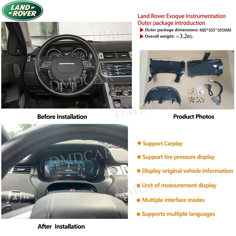 12.3 "سيارة LCD لوحة القيادة الرقمية اللاسلكية CarPlay يتميز عداد السرعة لاند روفر إيفوك 2012-2019 لوحة أداة