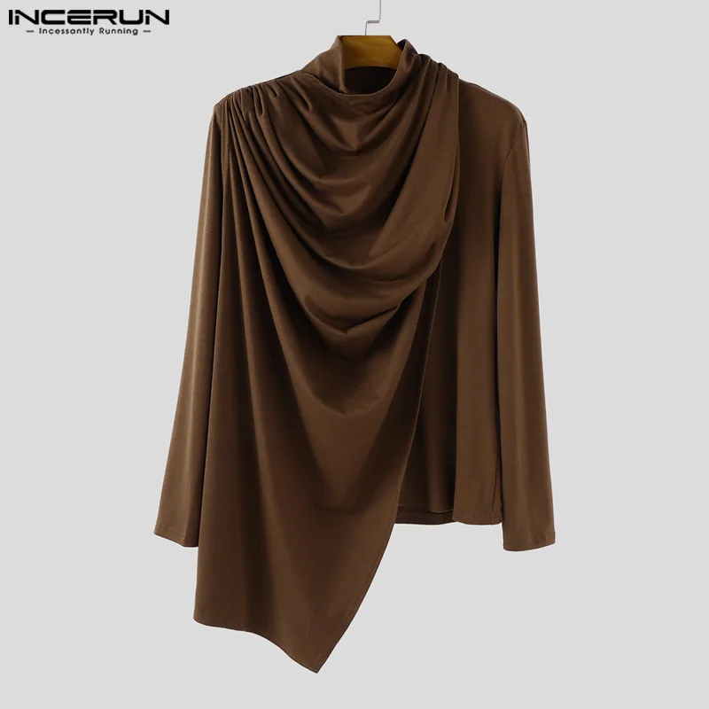 

INCERUN Men Irregular T Shirt Solid Color Turtleneck Long Sleeve Pleated Casual Tee Tops Streetwear Loose Fashion Men Clothing