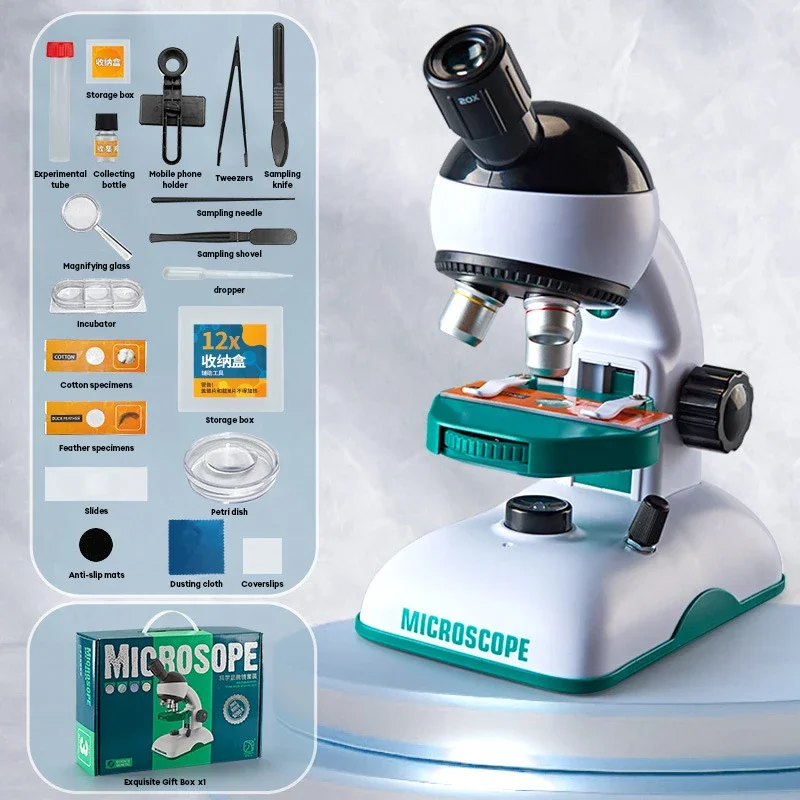 Crianças microscópio biologia experimento científico laboratório microscópio com luz led portátil mini microscópio 200x/600x/1200x brinquedos