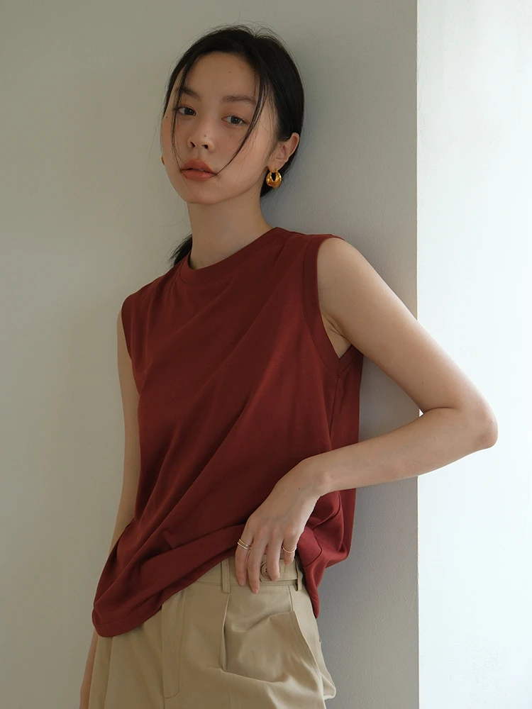 Xumooxii Retro Red Ins Cool Sensation Slim Fit Loose round Neck Cotton Sleeveless T Shirt Women Summer Vest Casual Style