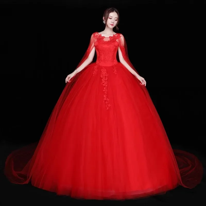 Wedding Dresses Red Cheap Appliques O-neck Sleeveless Shawl Lace Princess Floor-length Plus size Simple Bride Ball Gowns XN042