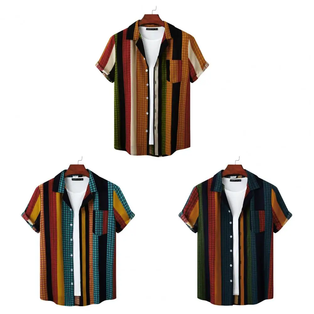 Men Shirt Hawaiian Beach Clothes Contrast Color Vintage Striped Short Sleeves Single-breasted Cotton Pocket Summer Top Clothes