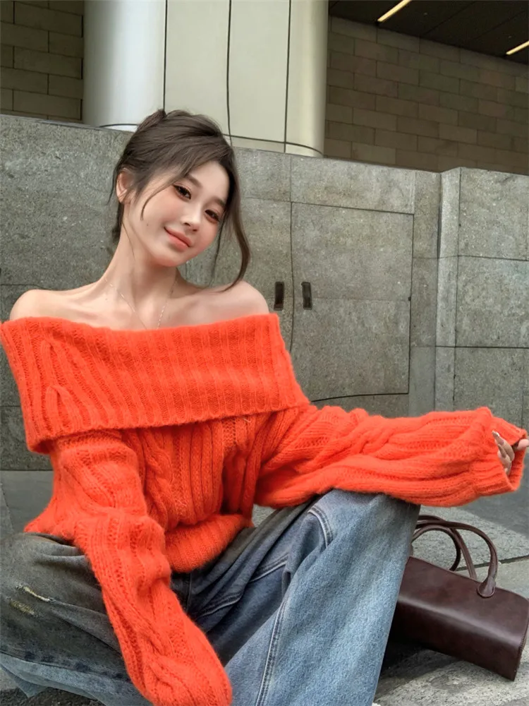 عيد الميلاد الأحمر كسول نمط المعتاد مائل الرقبة فضفاضة طويلة سترة البلوز خريف جديد كم طويل قبالة الكتف محبوك بلوزة كاجوال