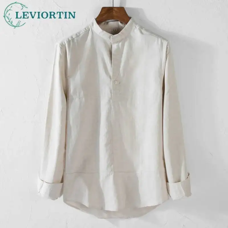 

Мужская весенне-осенняя модная тенденция, повседневная льняная рубашка с воротником-стойкой, утягивающая однотонная рубашка с длинным рукавом