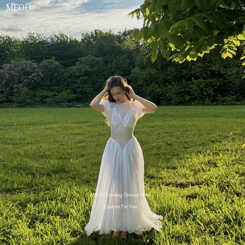 

MEOD White O Neck A Line Wedding Dress Short Sleeve Lace Appliques Bridal Gown Pearls Floor Length Vestido De Novia Customized