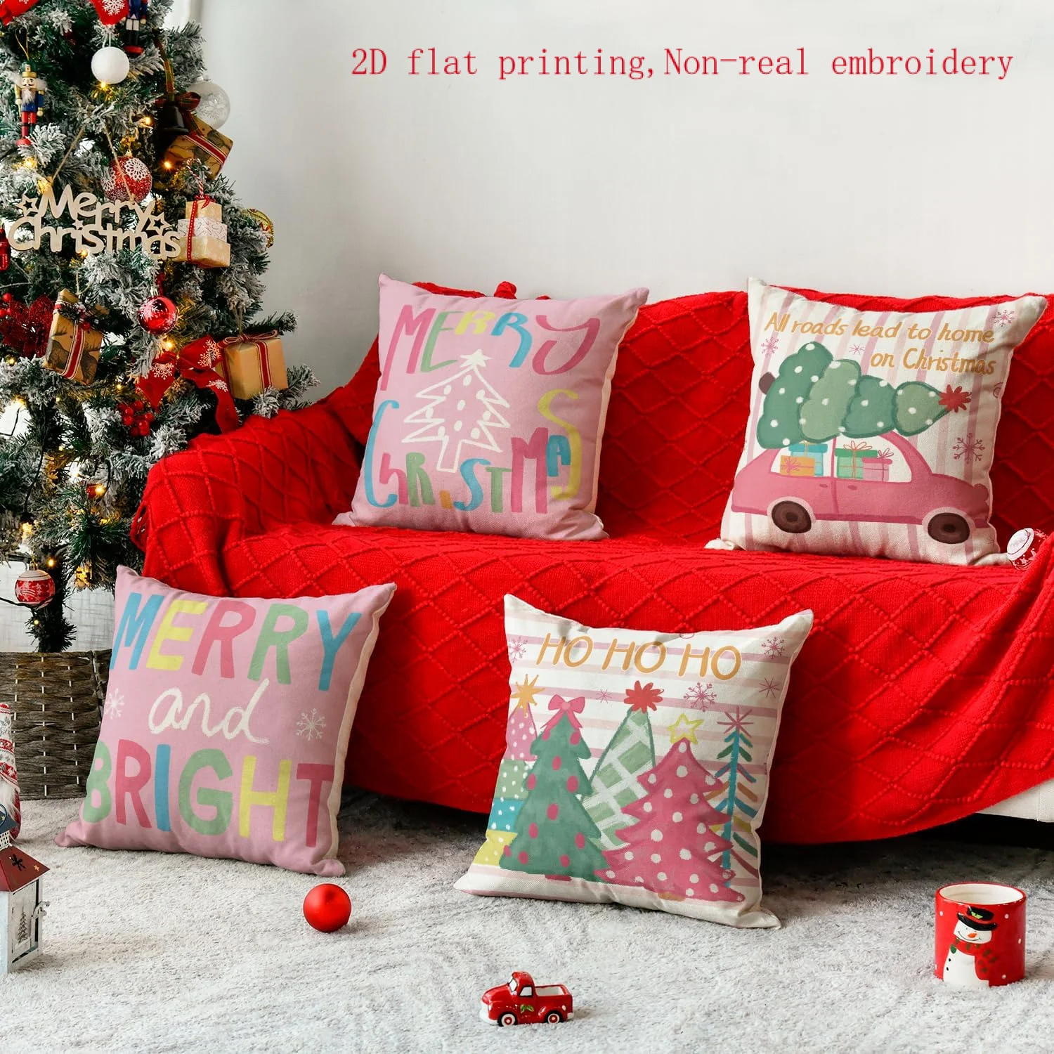 4pcs Pillowcase [2D Flat]Christmas Trees Merry & Bright Colorful Throw Pillow Covers, Holiday Truck Gift Snowflake Cushion Case