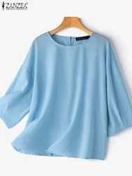 ZANZEA Summer Woman Blouses Casual Loose O Neck Solid Color 3/4 Sleeve Blusas Mujer 2024 Elegant Drop-shoulder Shirts Femininas