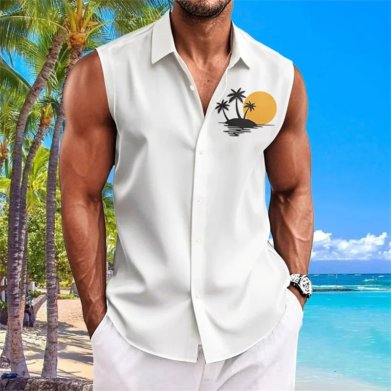 Men's Outdoor Simple Casual Sleeveless T-Shirt Summer Cool Breathable Shirt Hawaiian Beach Travel Vacation Top