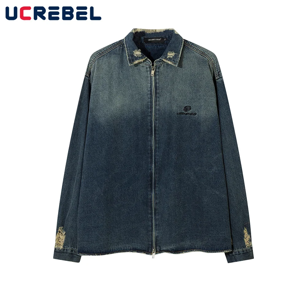 

Gradient Dyed Denim Long Sleeve Shirts Mens High Street Washed Distressed Lapel Loose Ripped Single Breasted Lapel Shirts Men