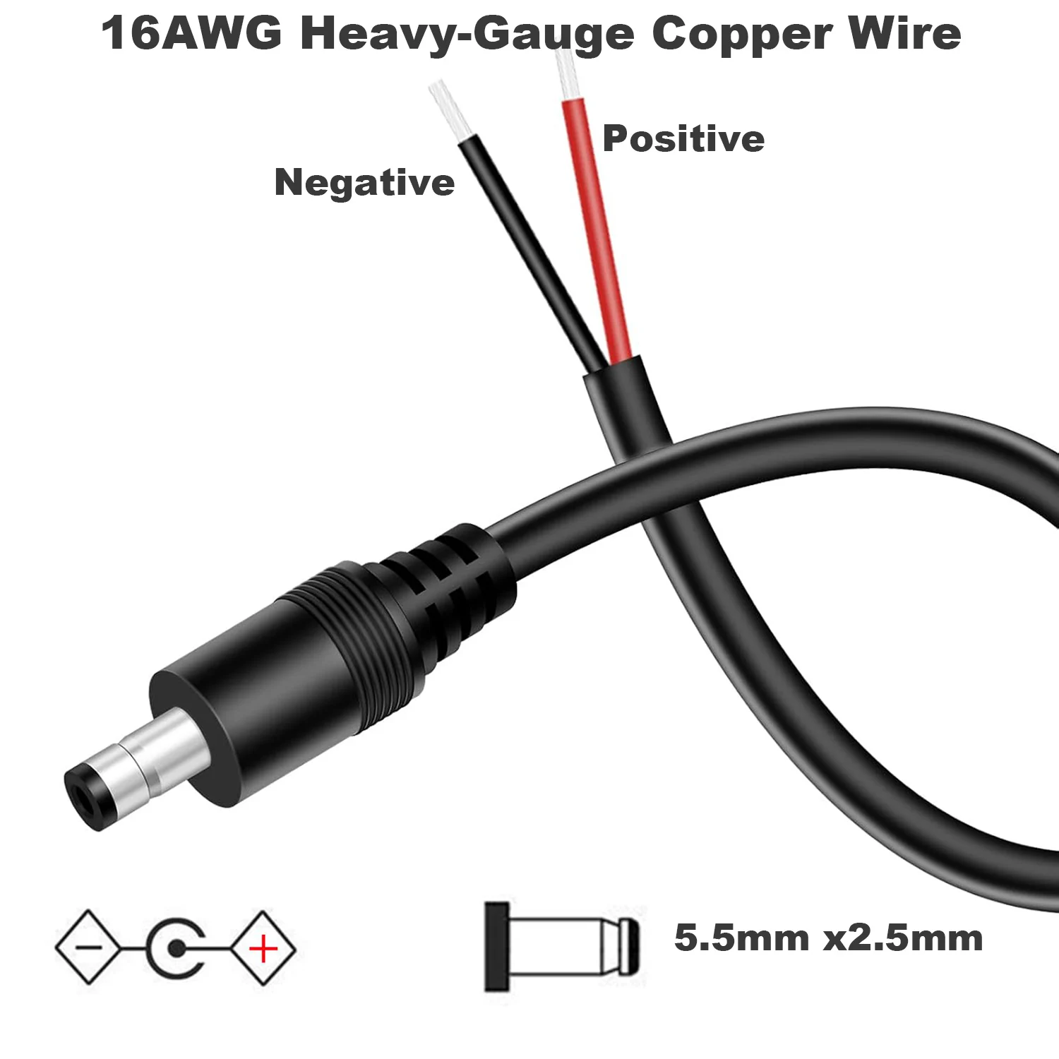 16AWG DC Power Pigtail Cable 5.5mm x 2.5mm Barrel Male Bare Wire Supply Repair CCTV Security Camera LED Strip Light Solar Panel