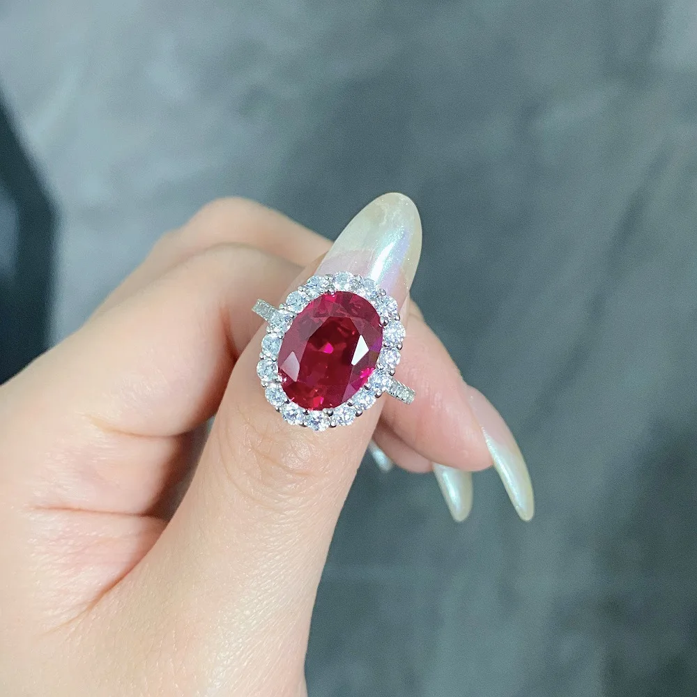 Super Weißgold 18 Karat Ring ovale Form 8ct Rubin Verlobung sring für Frauen großes brillantes Geschenk für Mädchen Geburtstag rote Edelsteine Schmuck – Detail 5
