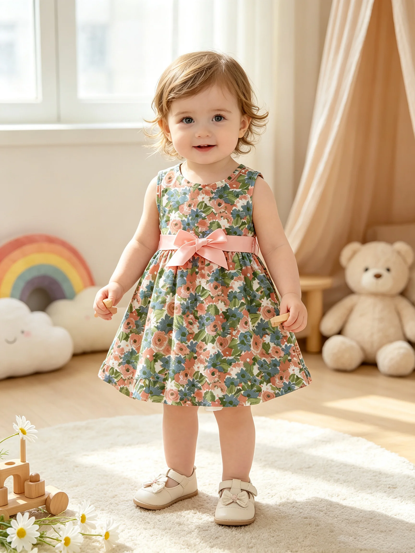 Children's Sleeveless round Neck Dress with Flower Leaf Print Cinched Waist Tie-Up Design Mid-Length Skirt Casual Dress