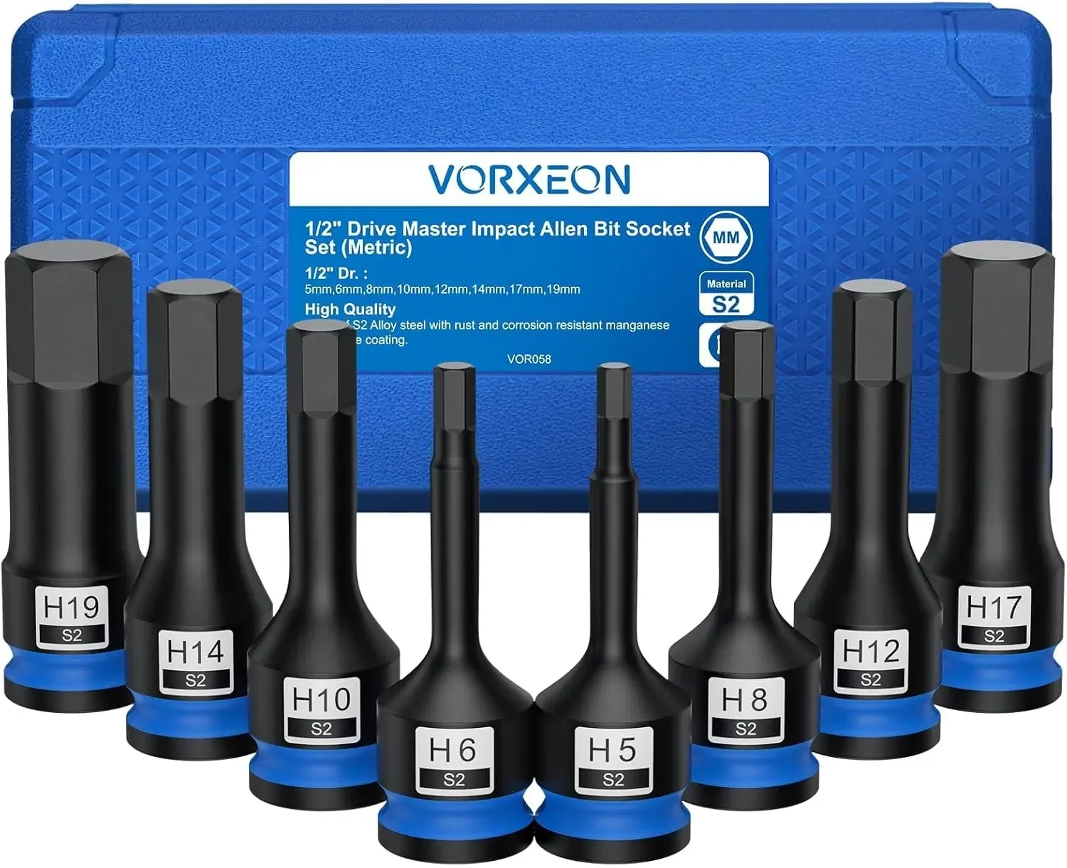 

8Pcs 1/2" Drive Metric Impact Hex Sockets 5-19mm S2 Steel w/Case