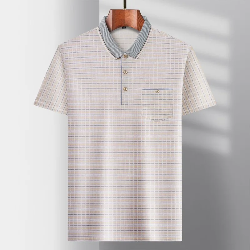 Men's Light Business Office Stripe Polo Shirt Button Lightweight With Pockets Regular Fit Shirt Button Lapel Male Short Sleeve