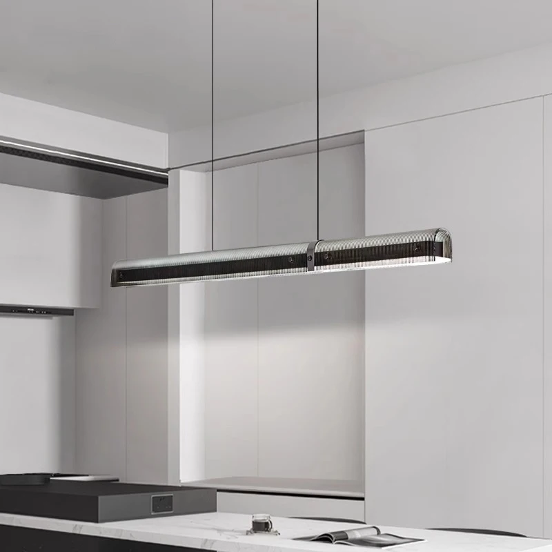 Minimalist Black Linear Pendant Light Smoky Gray Modern Long Glass Chandelier for Dining Room above Kitchen Island Lighting