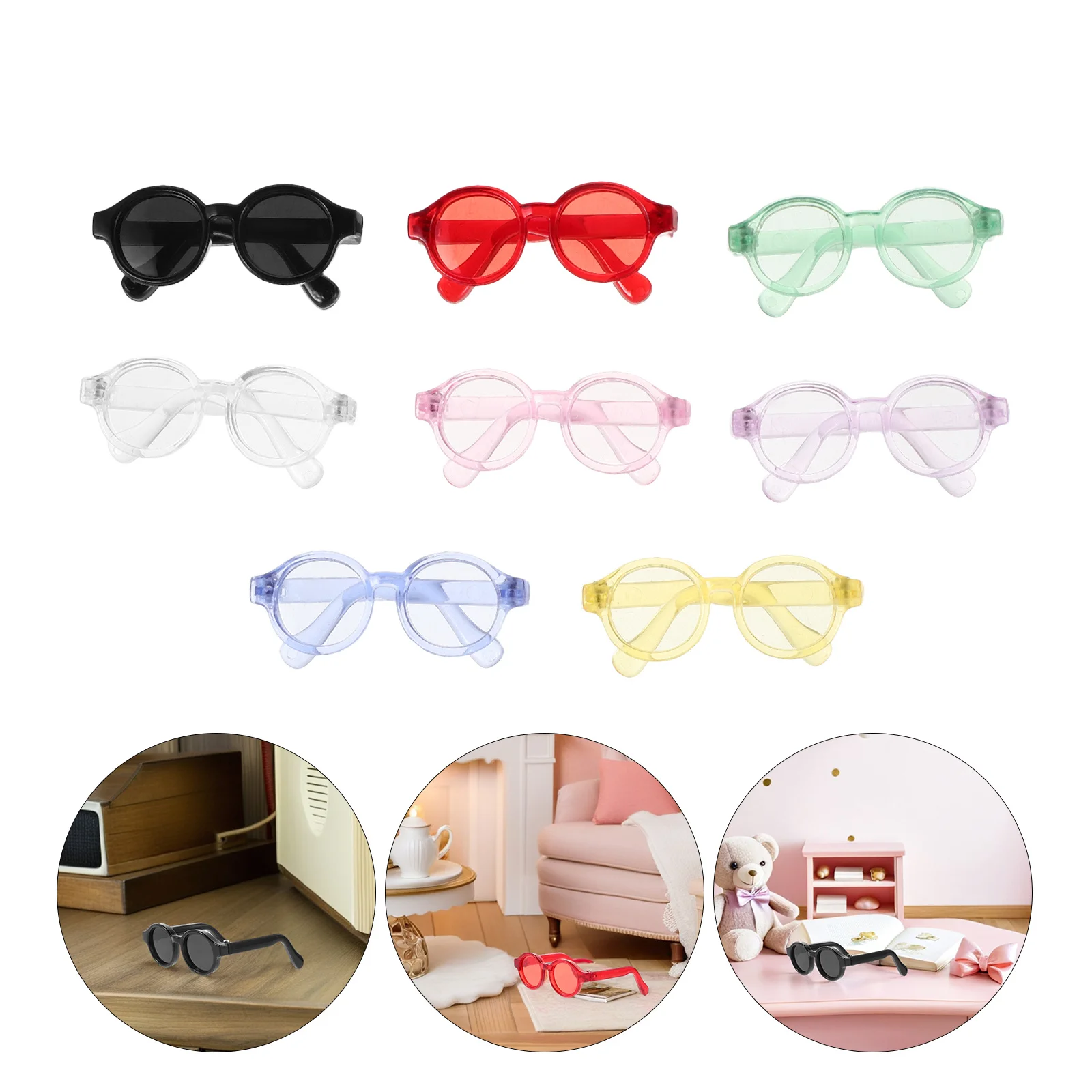 

8pcs Glasses Colorful Lens Round Frame Mini Eyeglasses For Dollhouse Stuffed Animal Dress Accessories Children Fashion