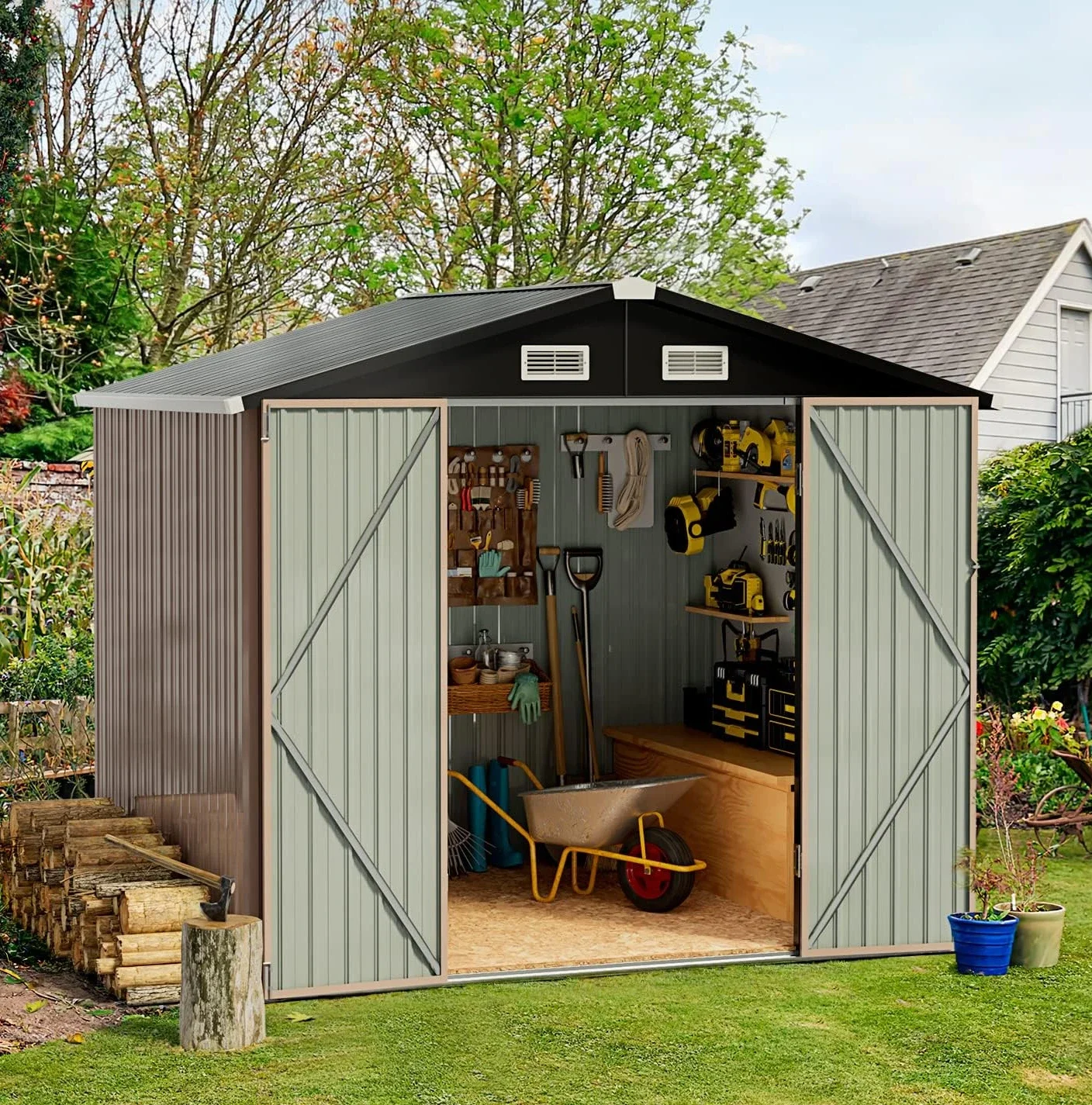 

Outdoor Storage Shed, 6.4x4 FT, Garbage Can,Outdoor Metal Shed for Tool,Garden,Bike, Brown