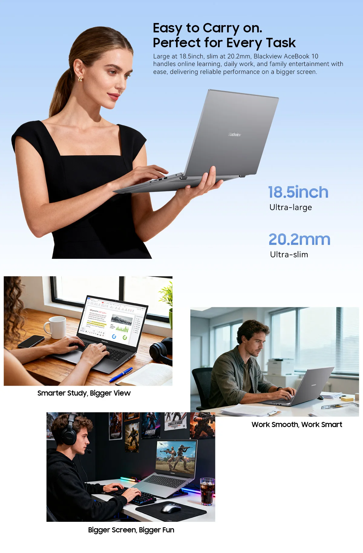 Blackview ACEBOOK 10 Laptop Computer 18.5" FHD 8000mAh Intel N150 Windows 11 16GB RAM 512GB BT5.2 WiFi 6 Desktop Notebook