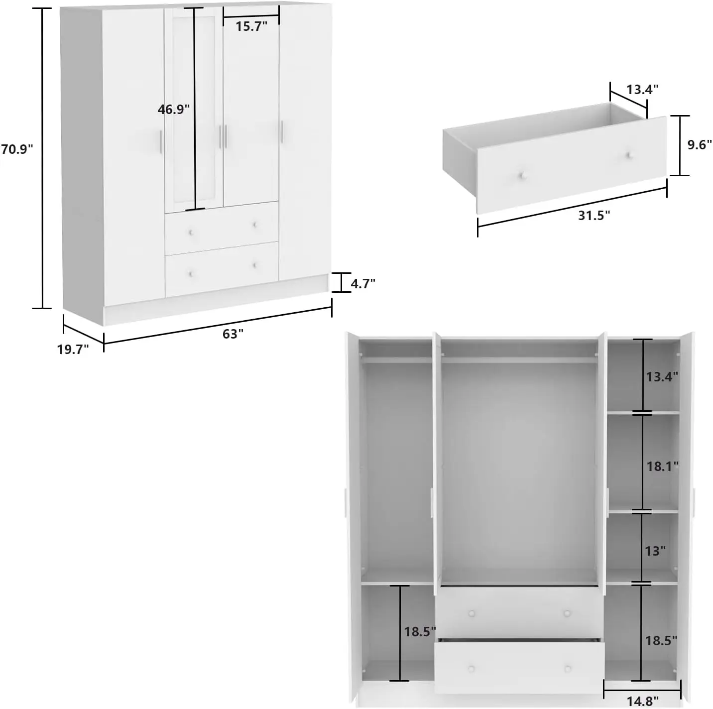 Ecacad Wardrobe Armoire With Mirror, 5-Tier Shelves, 2 Drawers, 2 Hanging Rods And 4 Doors, Wooden Closet Storage Cabinet For