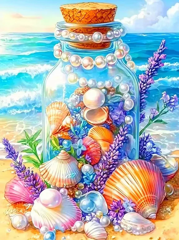 Diamond Painting Beach Drift Bottle With Shells Pearls Lavender Diamond Mosaic Handmade Art Exquisite Creative Gift Home Decor