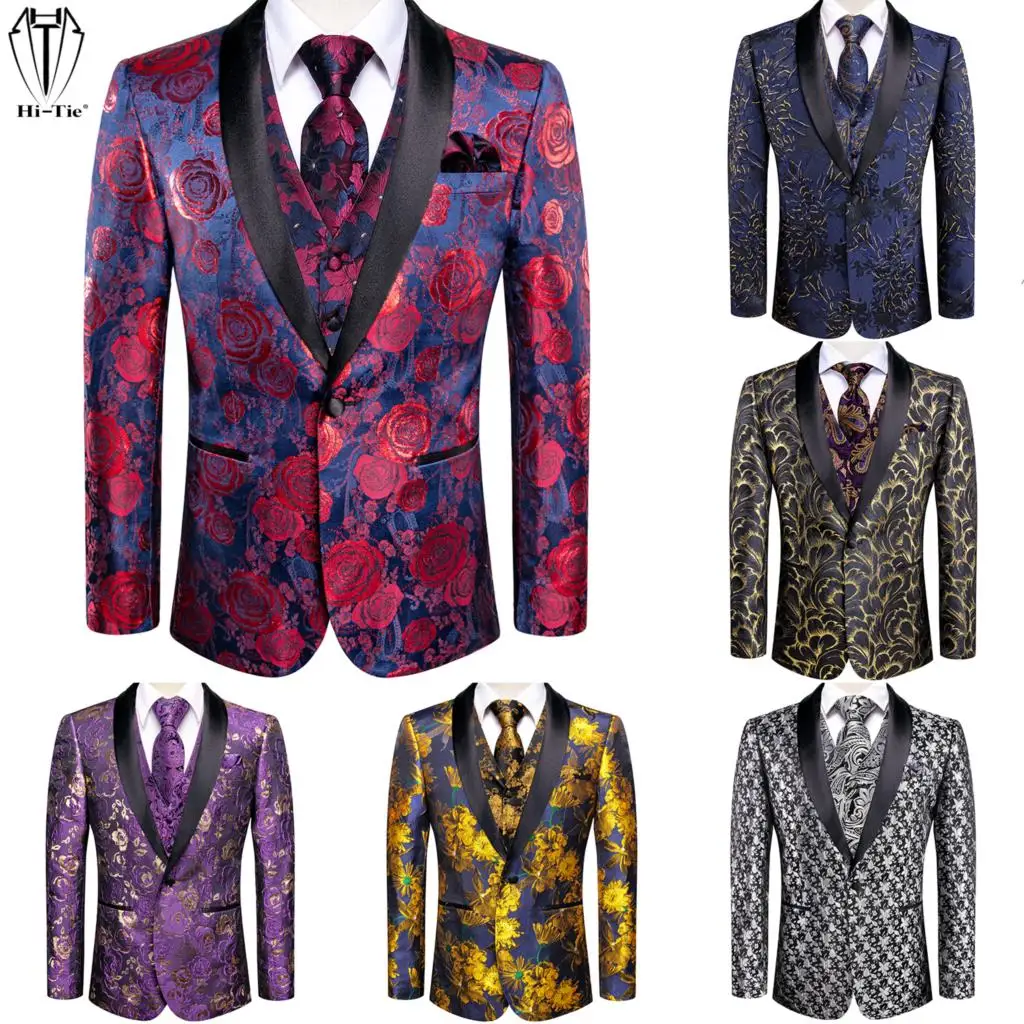 

Hi-Tie Jacquard Floral Mens Suit Vest Shawl Lapel Tuxedo Blazers Sleeveless Jacket WaistcoatTie Hanky Cufflinks Wedding Business