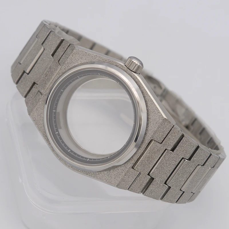 Silver Watch Case Grit Nail Sand Effect Sapphire Glass 100M Waterproof Fit NH34 7s26 4R35 4R36 NH35 NH36 For Super Player PRX