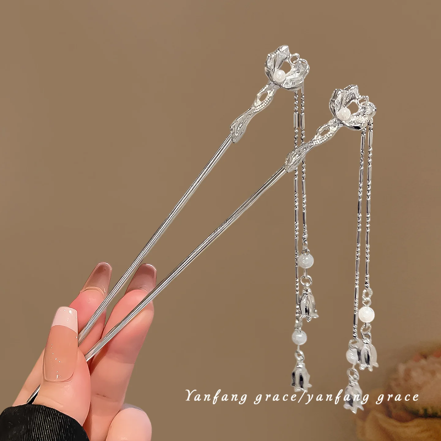 Silver Color Metal Hair Stick With Long Tassel Classic Pearl Flower Hairpin Chinese Hanfu Hair Accessory Retro Bride Hair Clasp