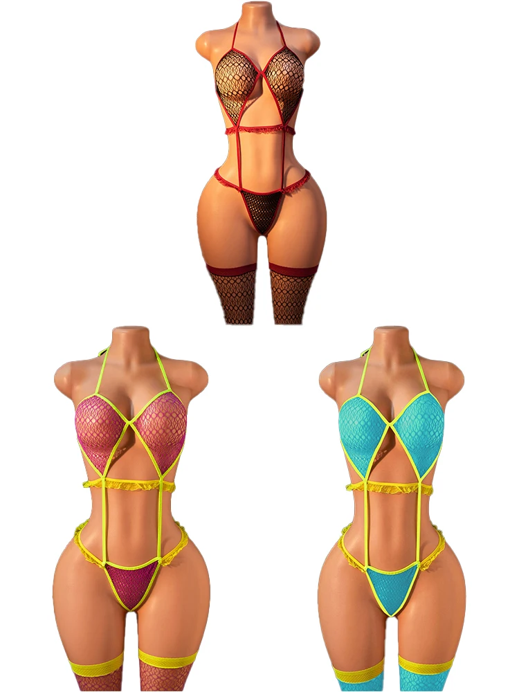 

FHSEER 2 Pcs Women's Sexy Lingerie With Stockings Temptation Mesh Cutout Sheer Hanging Pajamas Set Lace Babydoll Mesh Nightgown