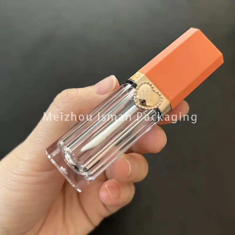 50Pcs luxury orange pink heart shape lipstick packaging cosmetic clear octagon lip gloss containers tube with brush 9ml