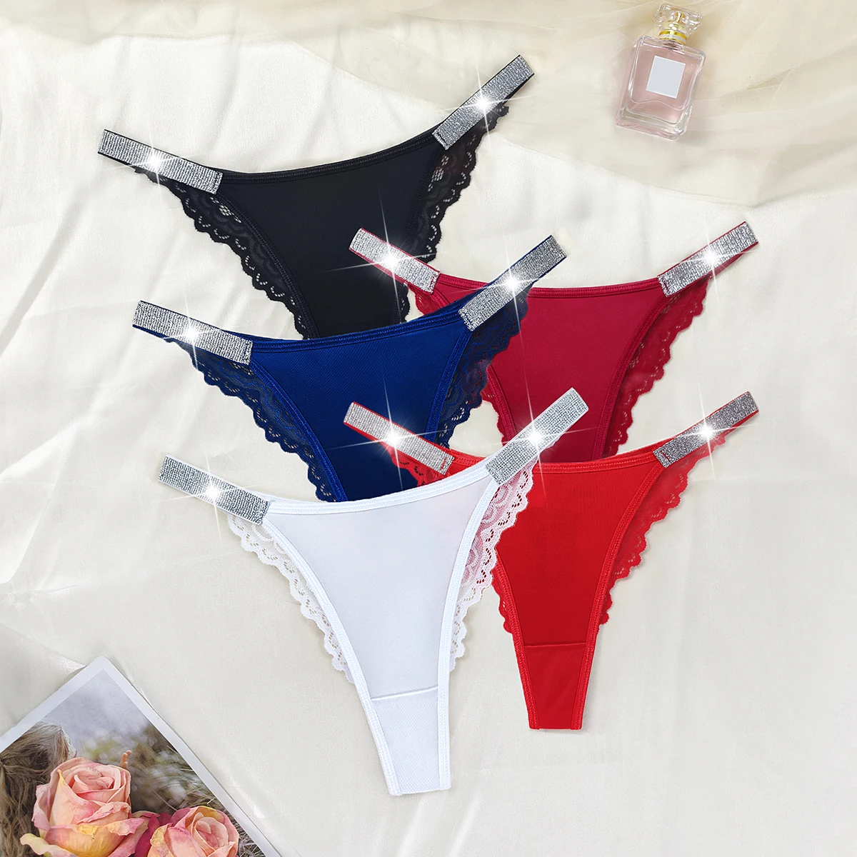 5pcs/Set Sexy Embroidery Two Shiny Belts Women Briefs Solid Low Waist Comfortable Female Panties Elegant Intimates Lingerie