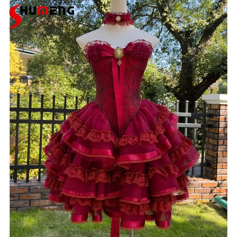 

Women's Clothing Light Luxury Retro Lolita Dress Fish Bone Pinched Waist Suspender Vestido Ballet Cake Puffy Dresses Y2k Clothes