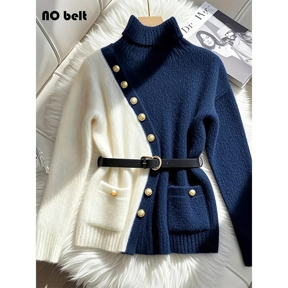 

Women Irregular Button Design Sweater Contrast Color Long Sleeve Stand Collar Loose Knitting Shirt Female Autumn Winter Tops