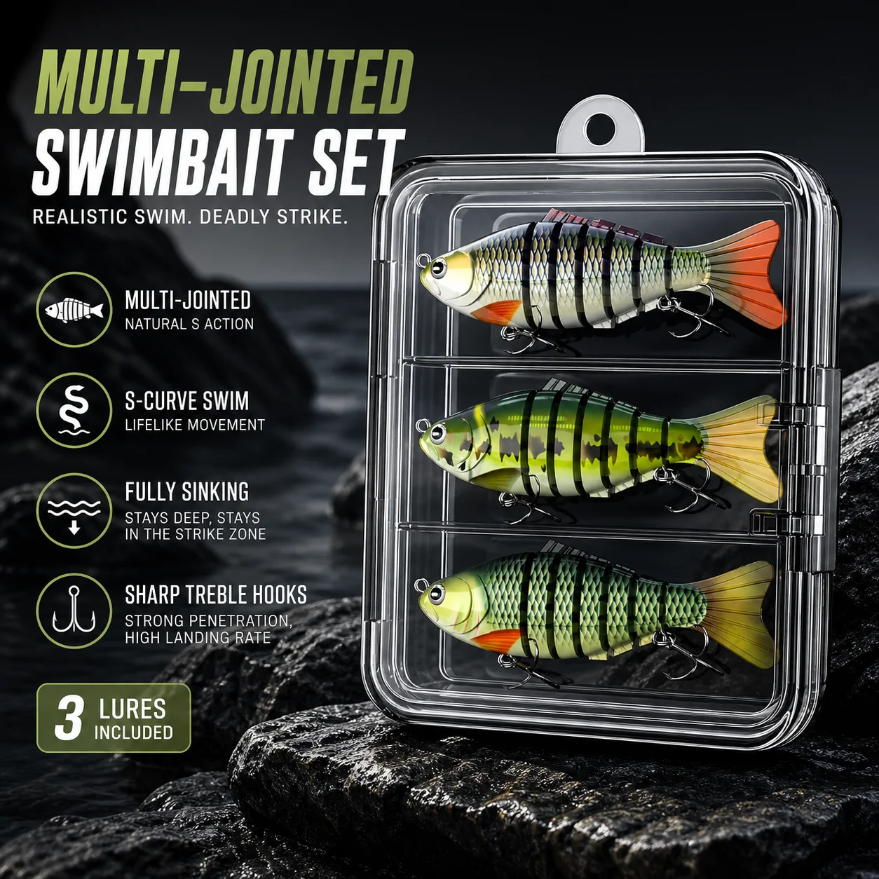Multi Jointed Swimbaits 3 Pcs Full Sinking Realistic Lure S Shaped Swim Sharp Triangle Hooks Storage Box for Bass Trout