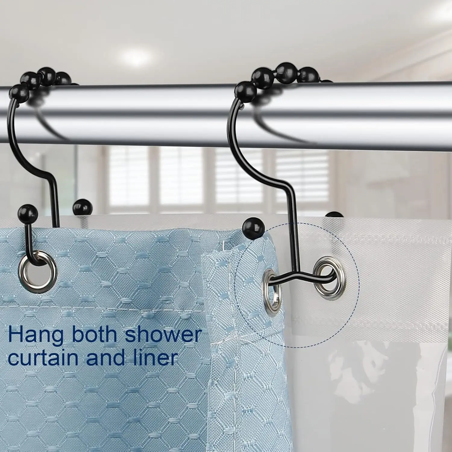 Shower curtain hook, sturdy stainless steel double-sided shower hook, bathroom ring, shower curtain rod, matte black，4-piece set view 4