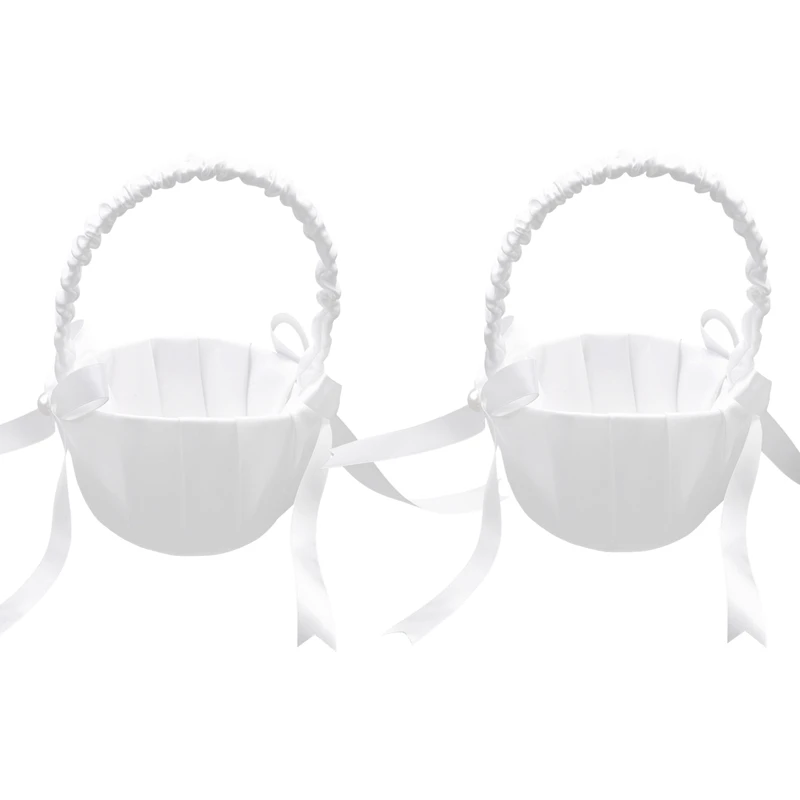 2 Pack Wedding Satin Flower Basket,Romantic Bowknot Rose Flower Girl Basket