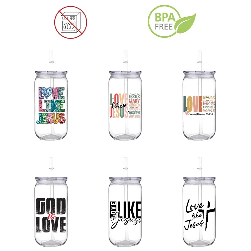 3D DIY Love Christ Design Printed Transfer BPA Free Plastic Straw Cup Comes With Sreaw And Cup Lid Can Milk Coffee 16 OZ 3D